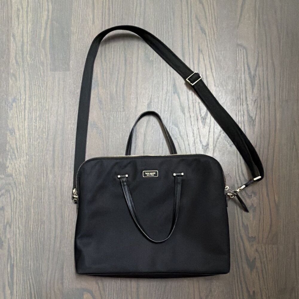KATE SPADE NEW YORK Black Nylon Laptop Bag Work Tote Crossbody Briefcase EUC